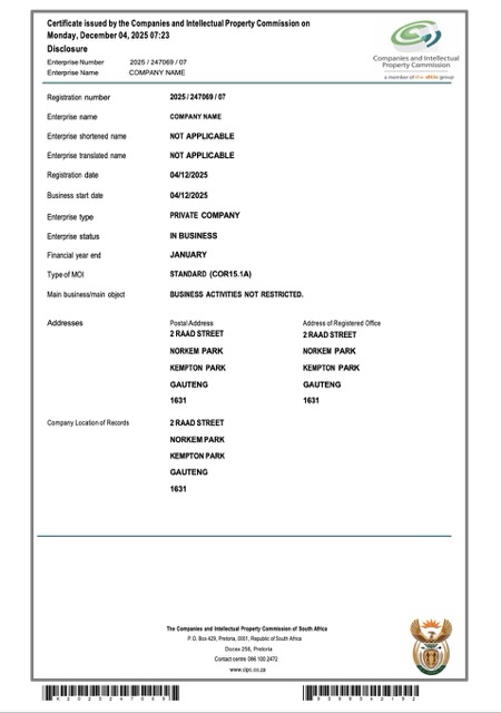 South Africa certificate of company registration Word and PDF template, version 2